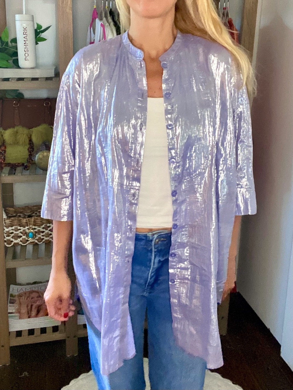 ROBERTA FREYMANN Shimmery Metallic Lavender Button-Front Shirt/Swim Cover-Up! 💜